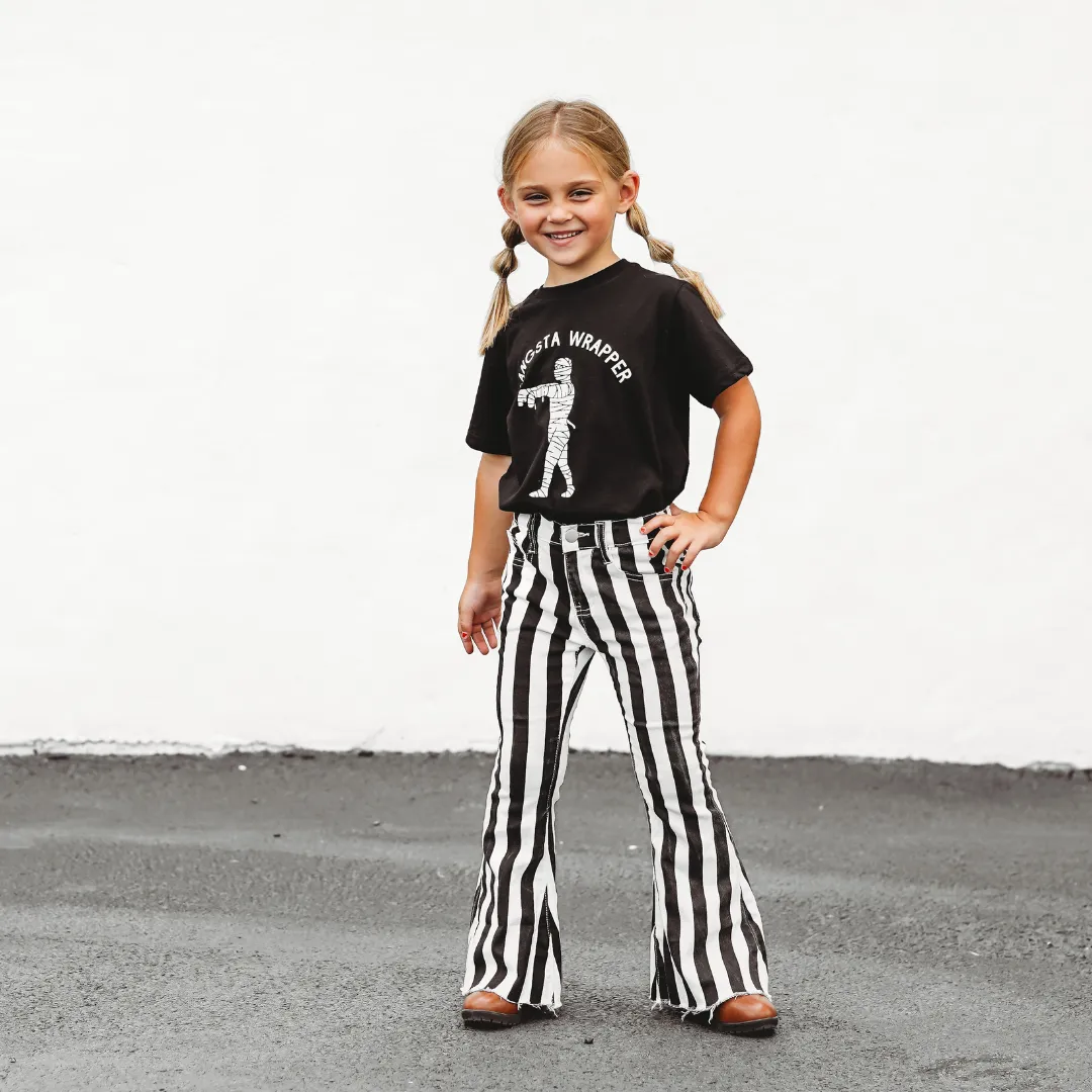 ALEXA STRIPED BELL BOTTOM JEANS | BLACK & WHITE STRIPES