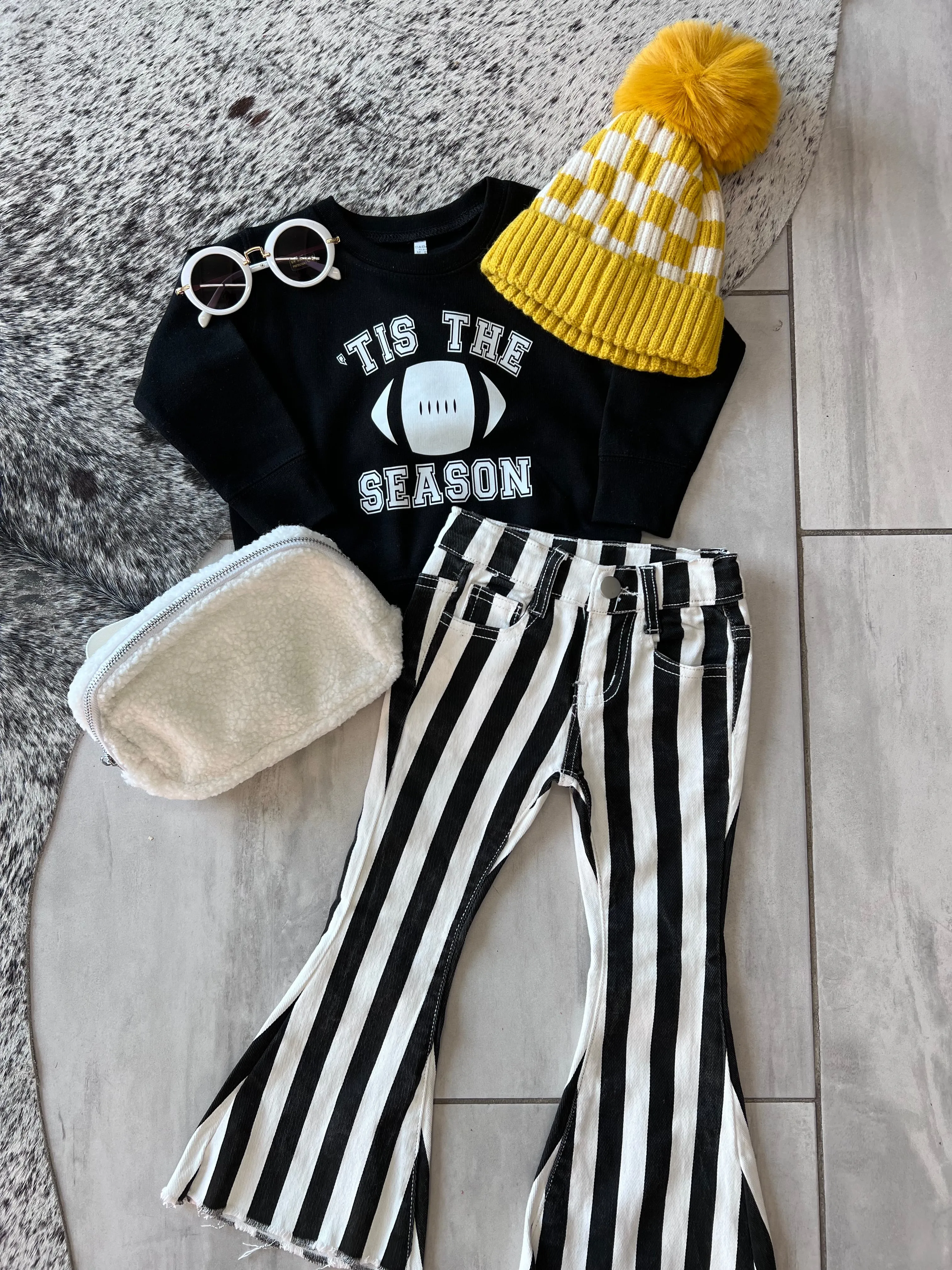 ALEXA STRIPED BELL BOTTOM JEANS | BLACK & WHITE STRIPES