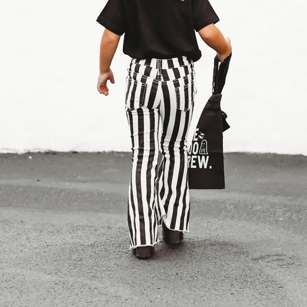 ALEXA STRIPED BELL BOTTOM JEANS | BLACK & WHITE STRIPES