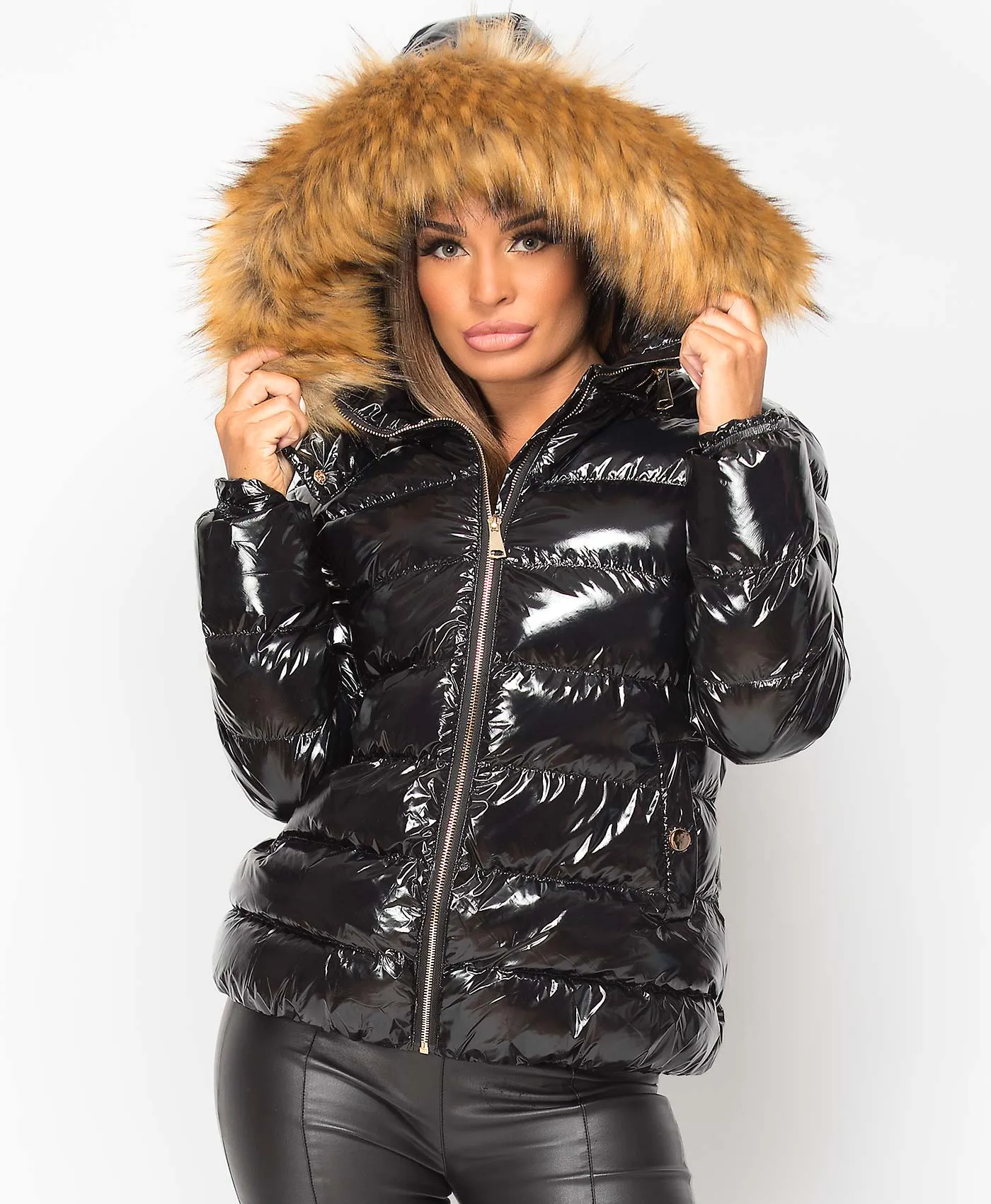 Black Faux Fur Hood Elastic Back Shiny Wet Look Puffer Jacket