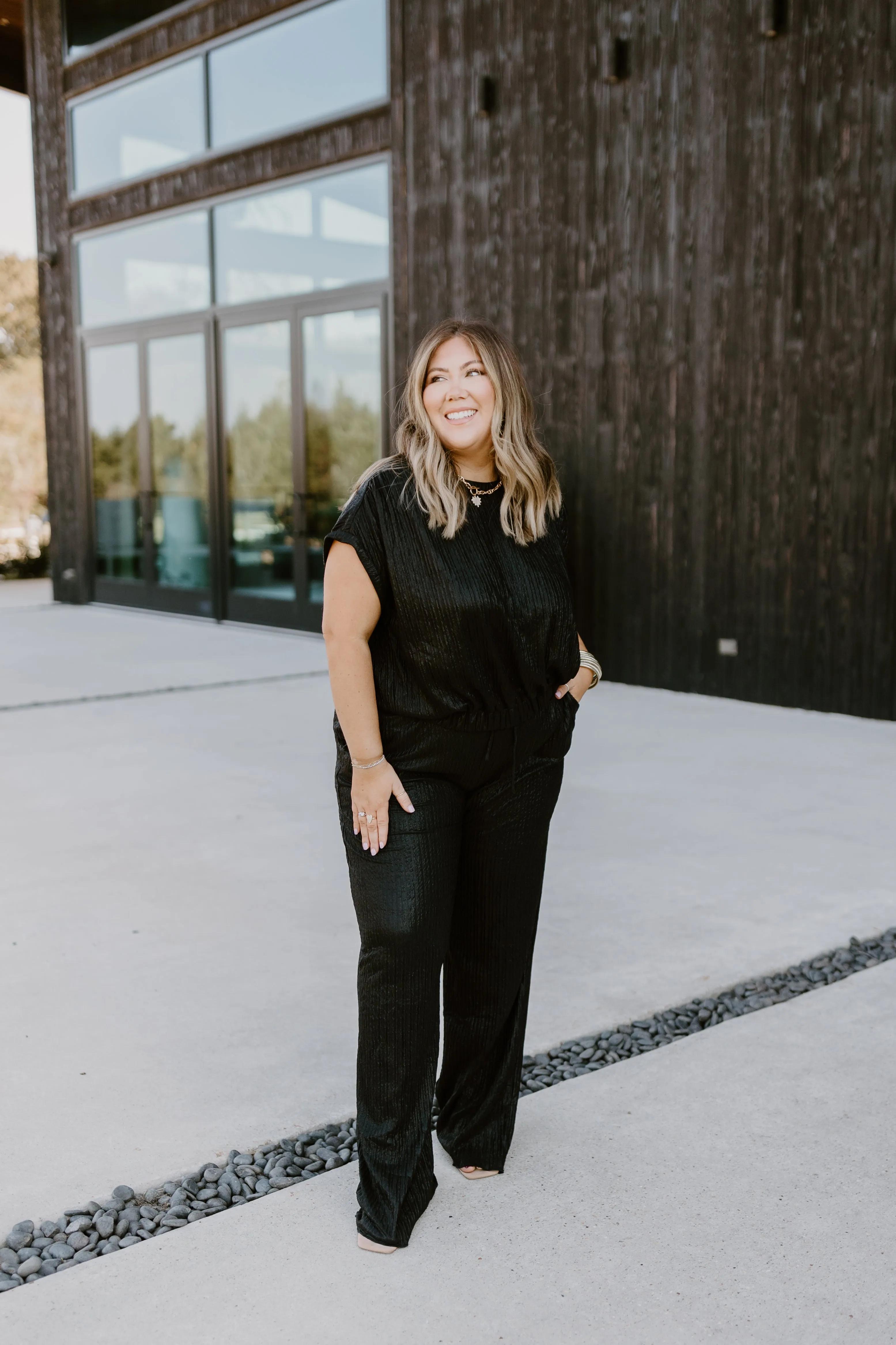 Black Iridescent Bubble Blouse and Pant Set