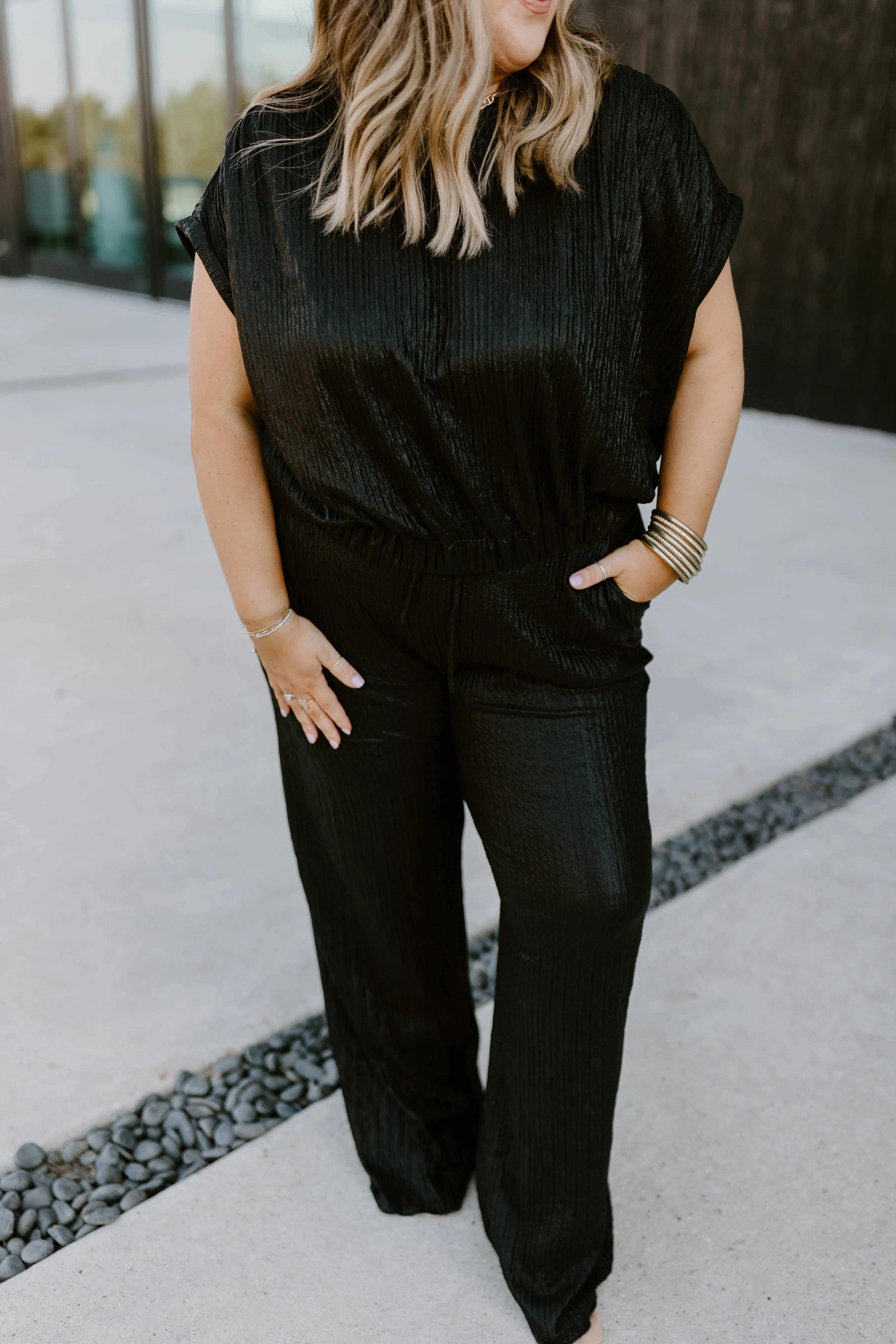 Black Iridescent Bubble Blouse and Pant Set