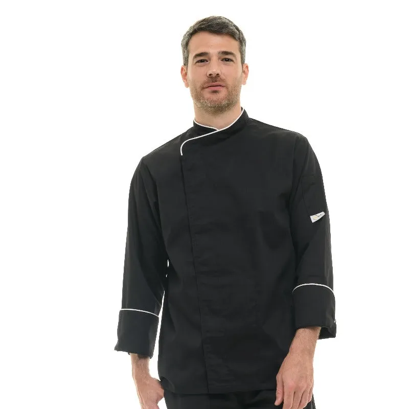 Black kitchen Coat with white Piping - Long Sleeve - MANELLI