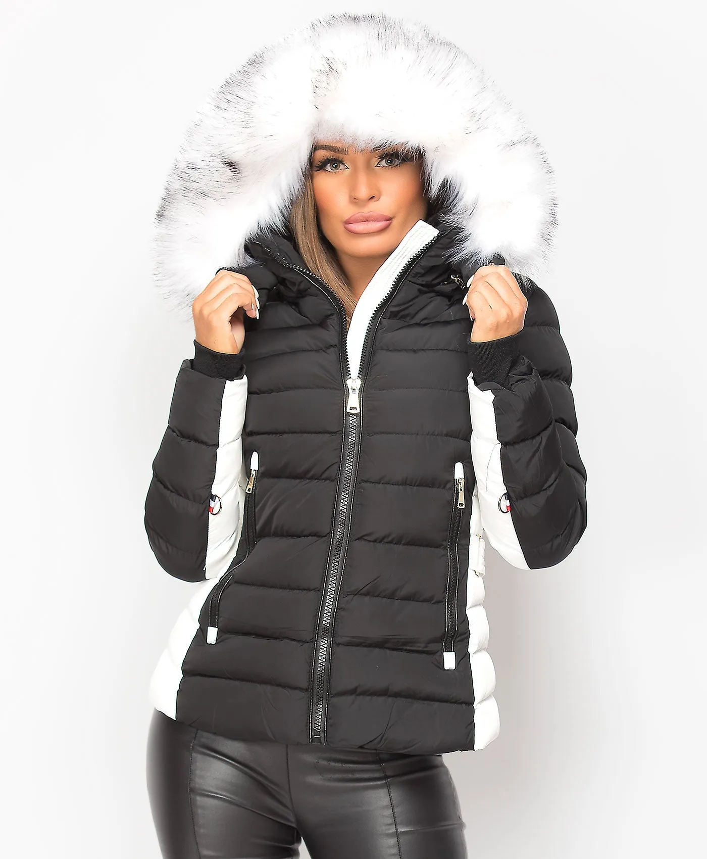 Black White Contrast Panel Padded Quilted Fur Hood Puffer Jacket