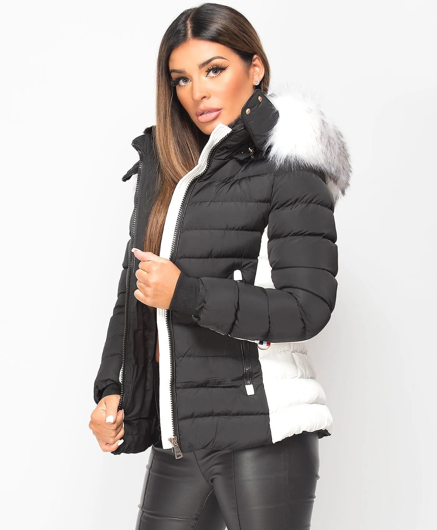 Black White Contrast Panel Padded Quilted Fur Hood Puffer Jacket