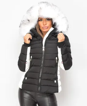 Black White Contrast Panel Padded Quilted Fur Hood Puffer Jacket