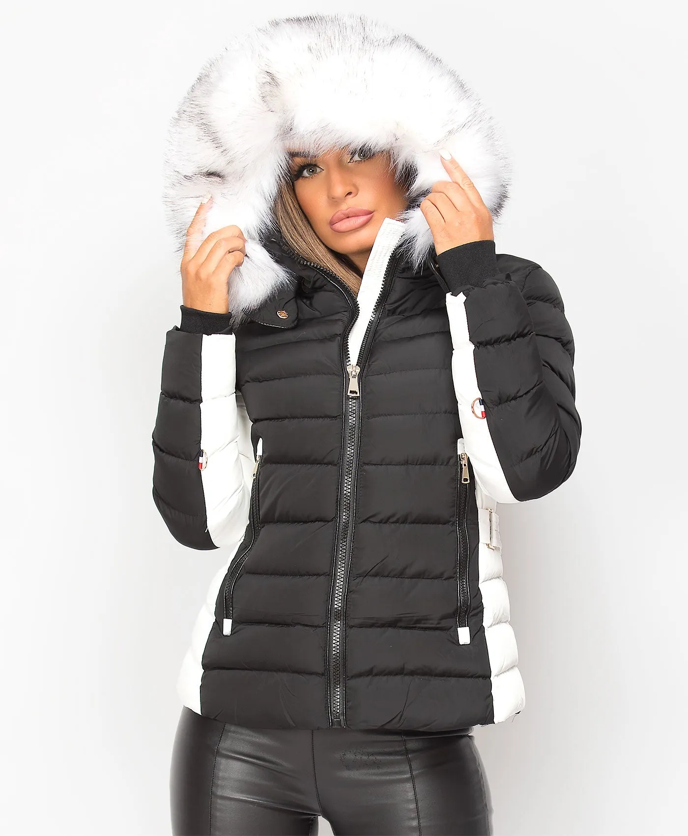 Black White Contrast Panel Padded Quilted Fur Hood Puffer Jacket