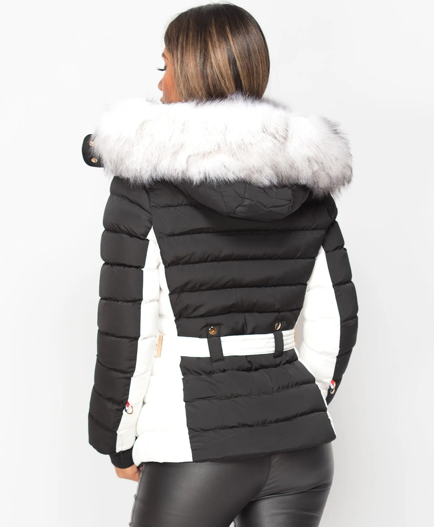 Black White Contrast Panel Padded Quilted Fur Hood Puffer Jacket