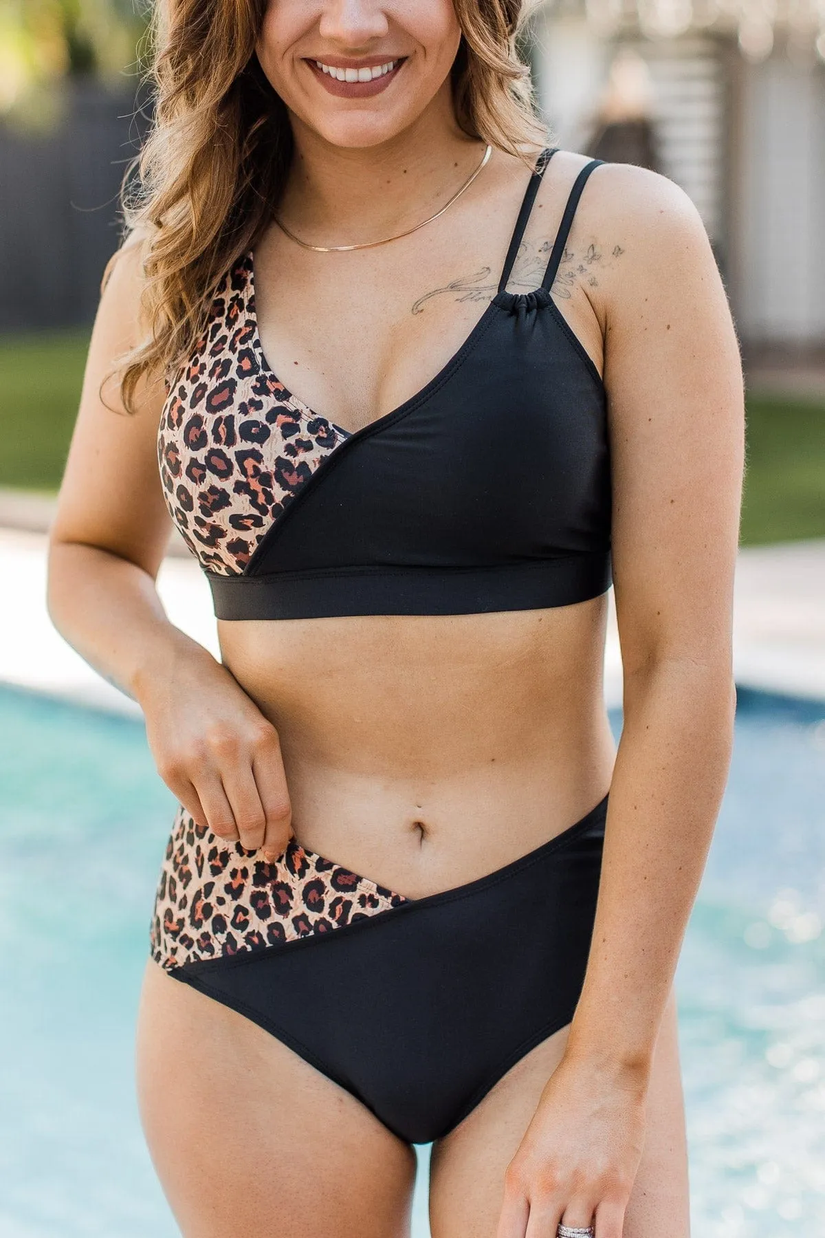 Capture The Coast Swim Top- Black & Natural Leopard