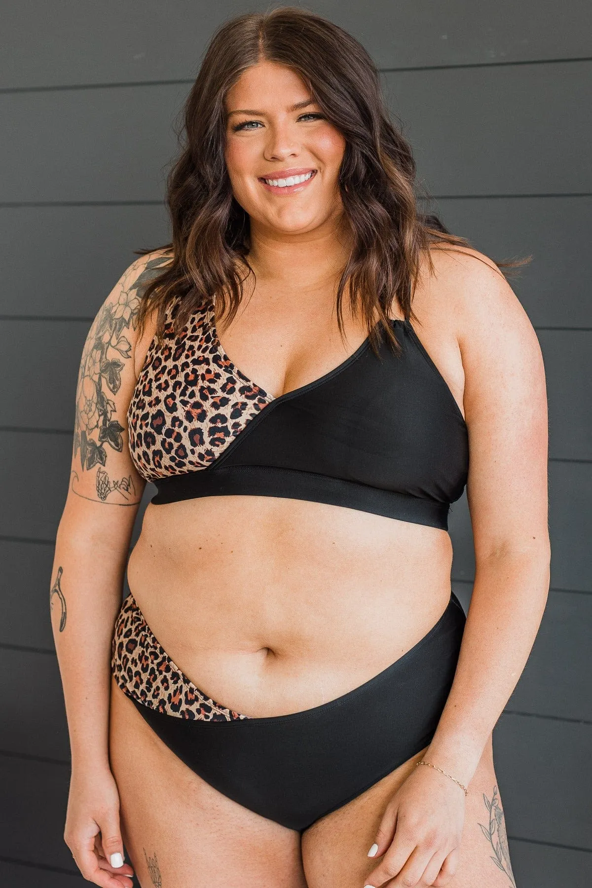 Capture The Coast Swim Top- Black & Natural Leopard