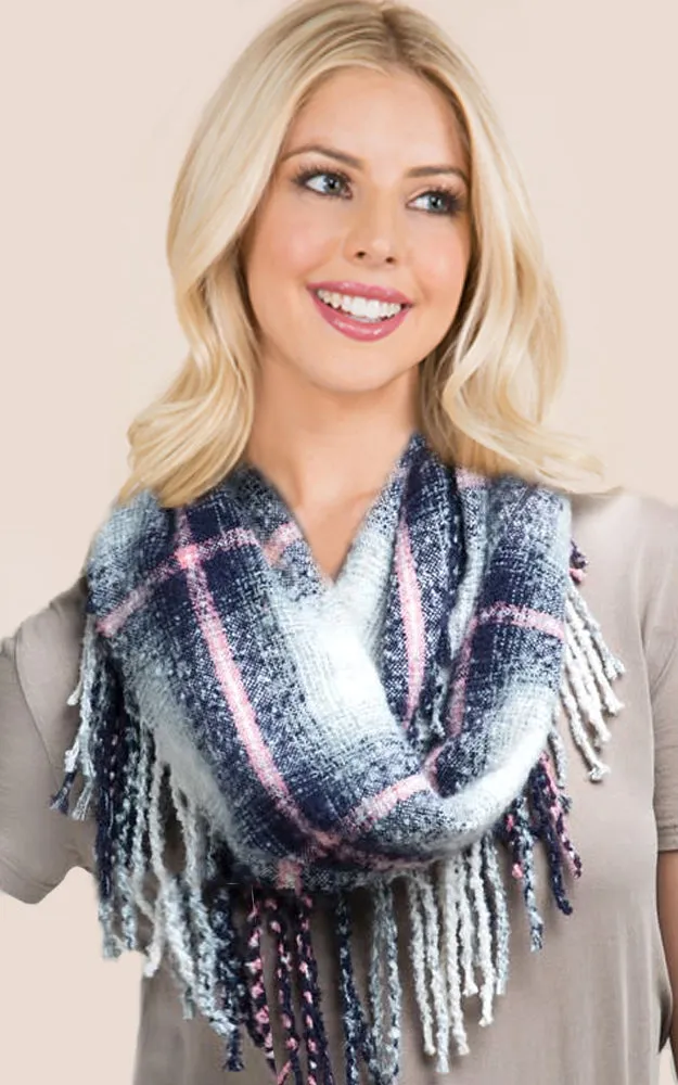 EAS9858 Plaid Infinity Scarf with Tassel