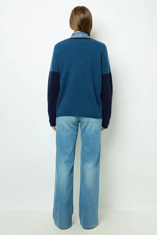 Gerard Darel JALYA BLUE COLOR BLOCK CASHMERE VNECK SWEATER