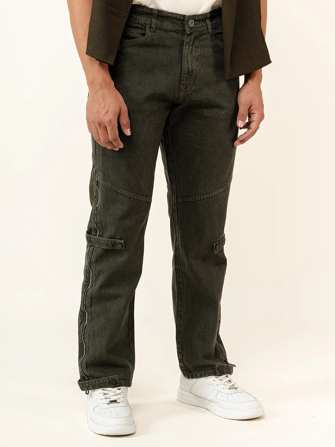 Hunter Green Straight Fit Side Zipper Denim Jeans