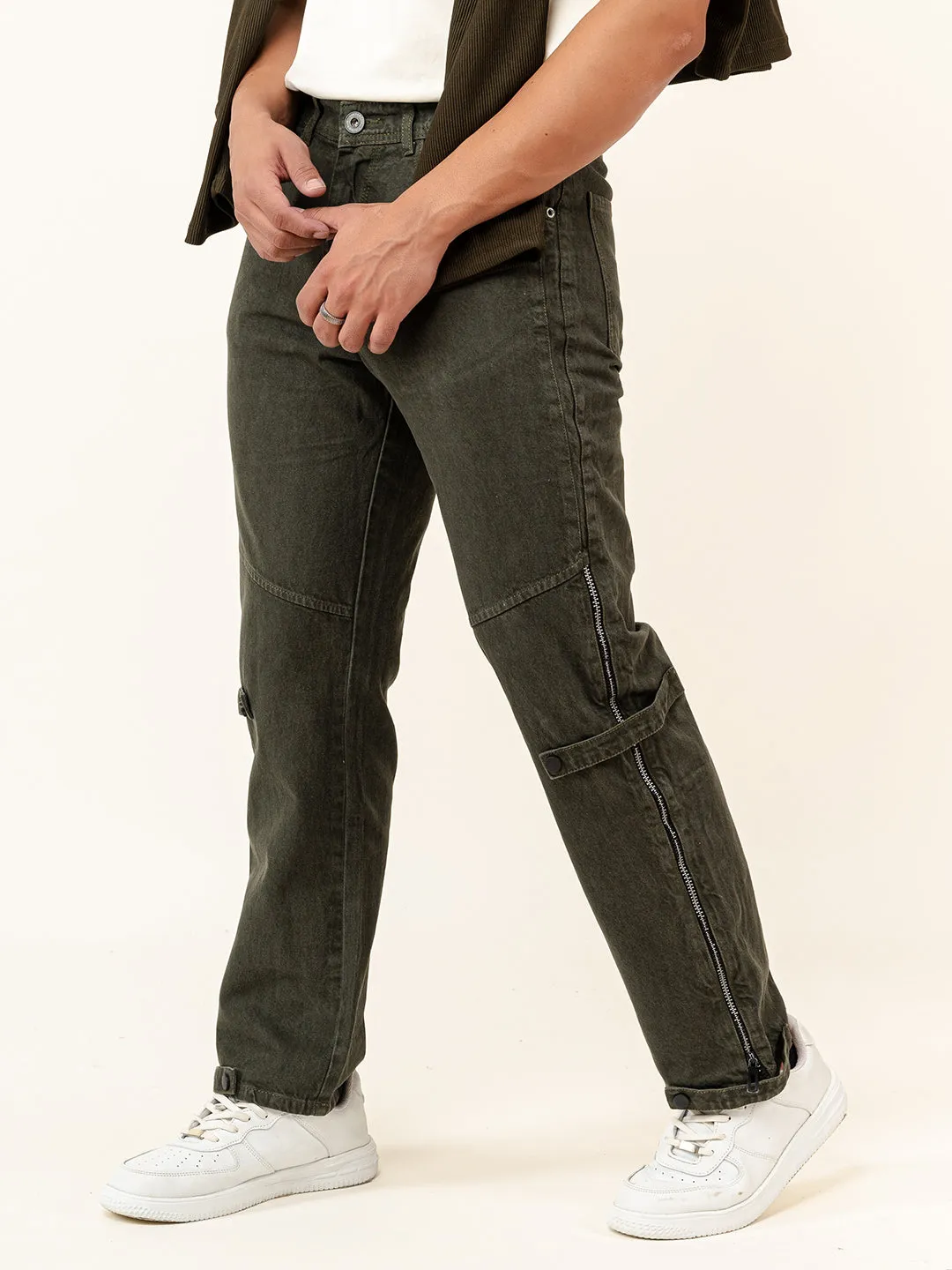 Hunter Green Straight Fit Side Zipper Denim Jeans