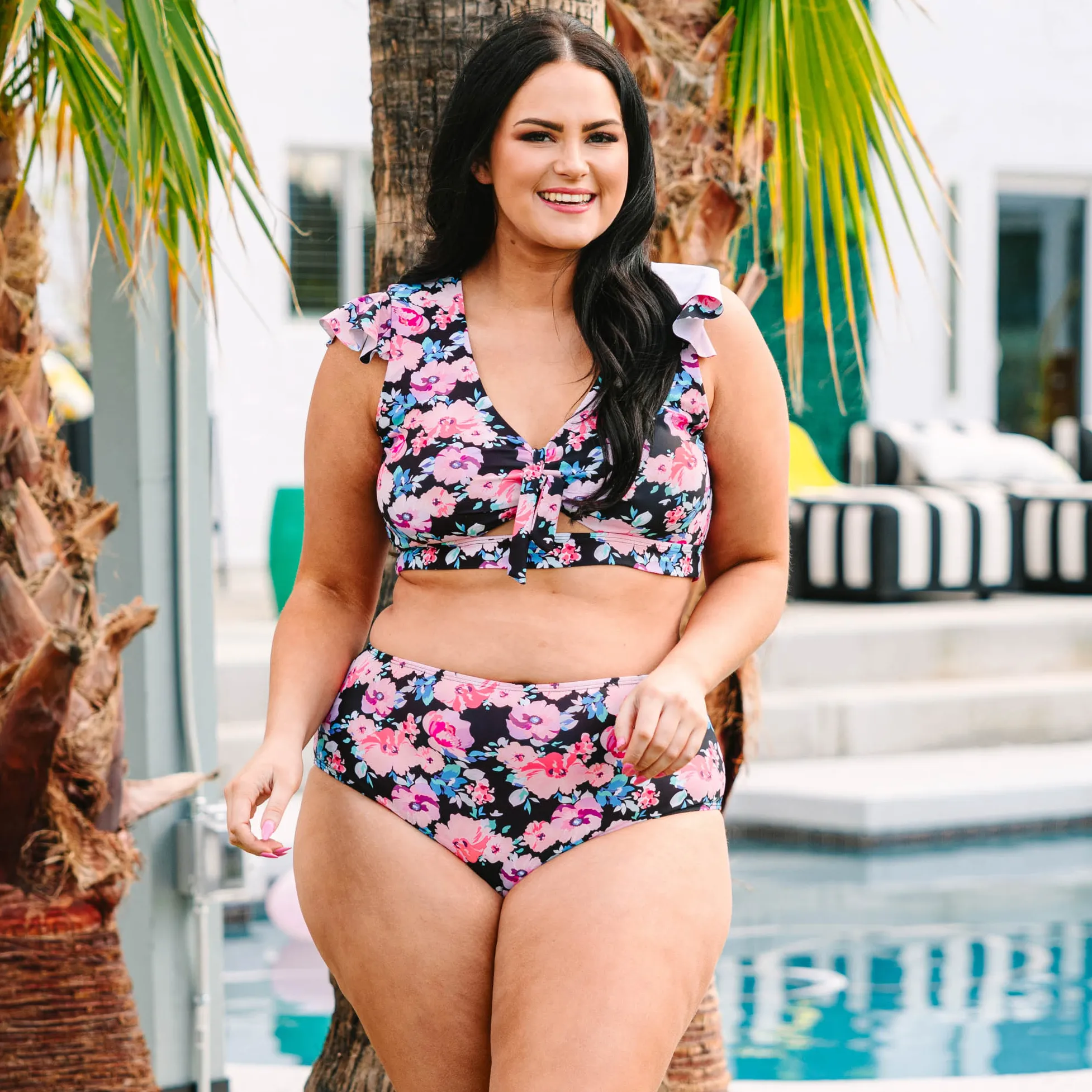 Island Getaway Swim Top, Black Floral