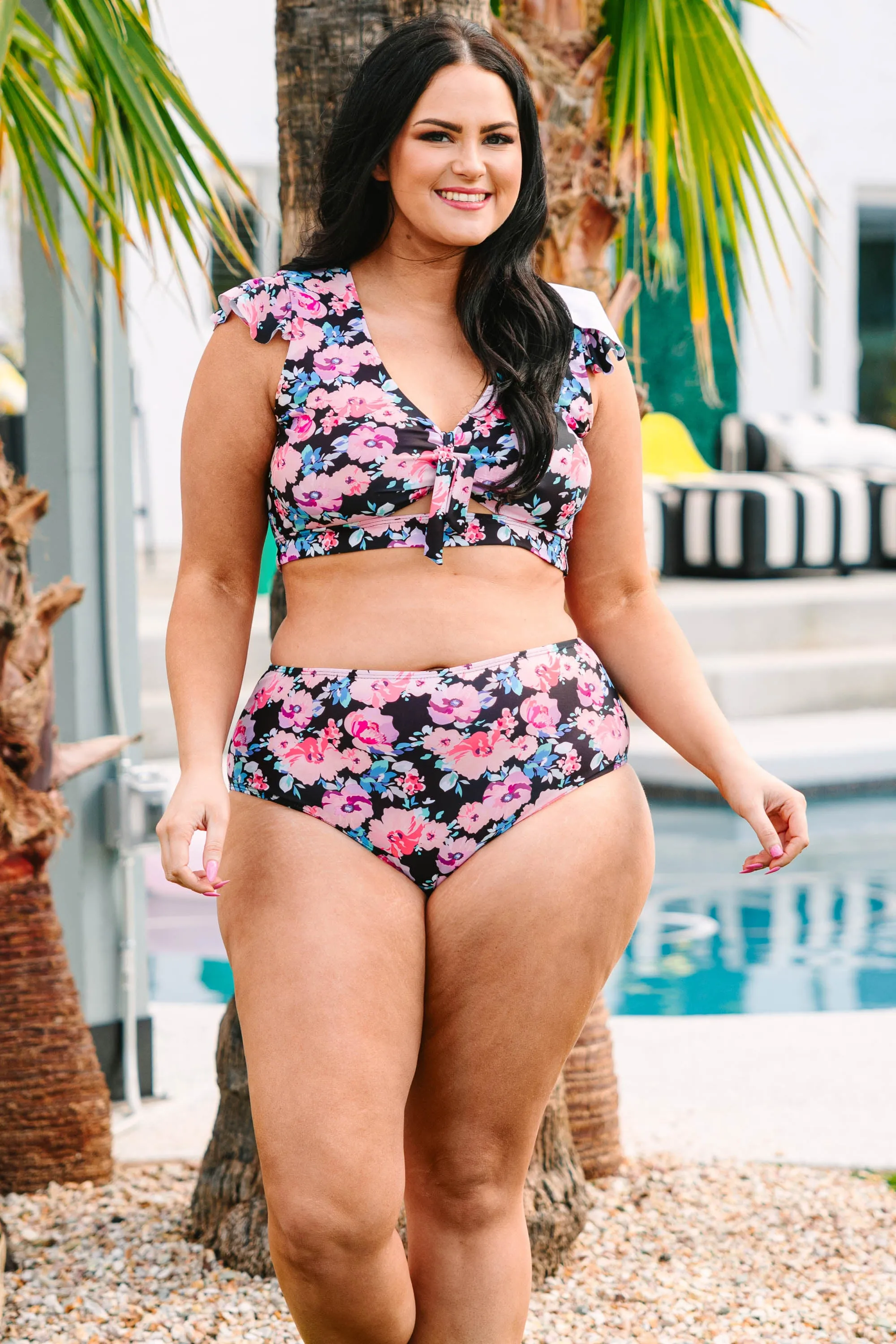 Island Getaway Swim Top, Black Floral