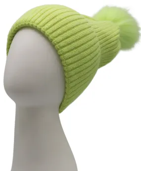 Knit Ribbed Hat w/ Fur Pom