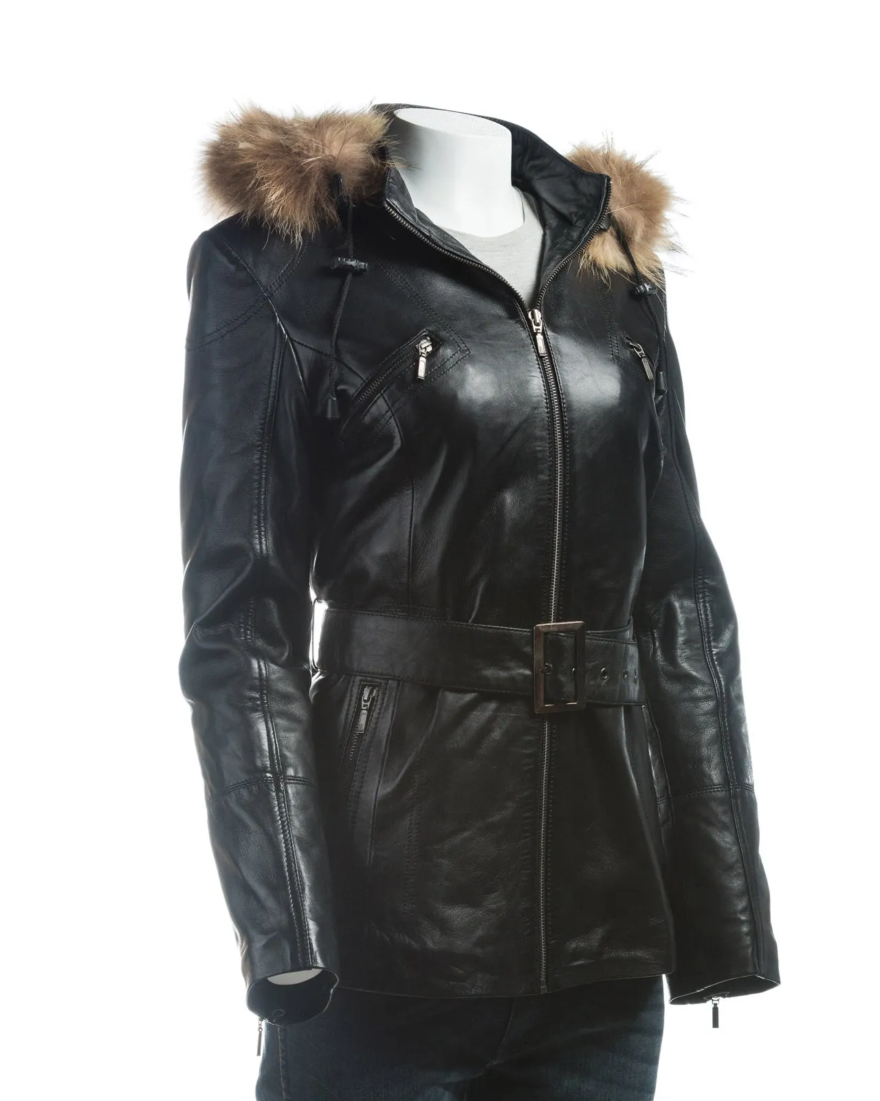 Ladies Black Belted Leather Coat With Detachable Fur Trimmed Hood: Paola