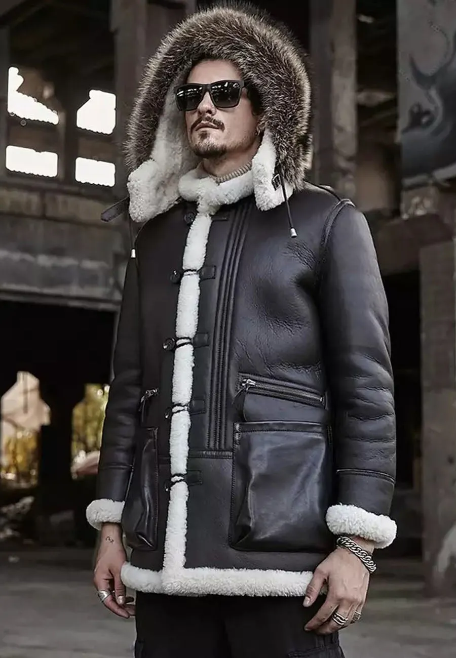 Men’s Black Leather White Shearling Removable Hooded Long Coat