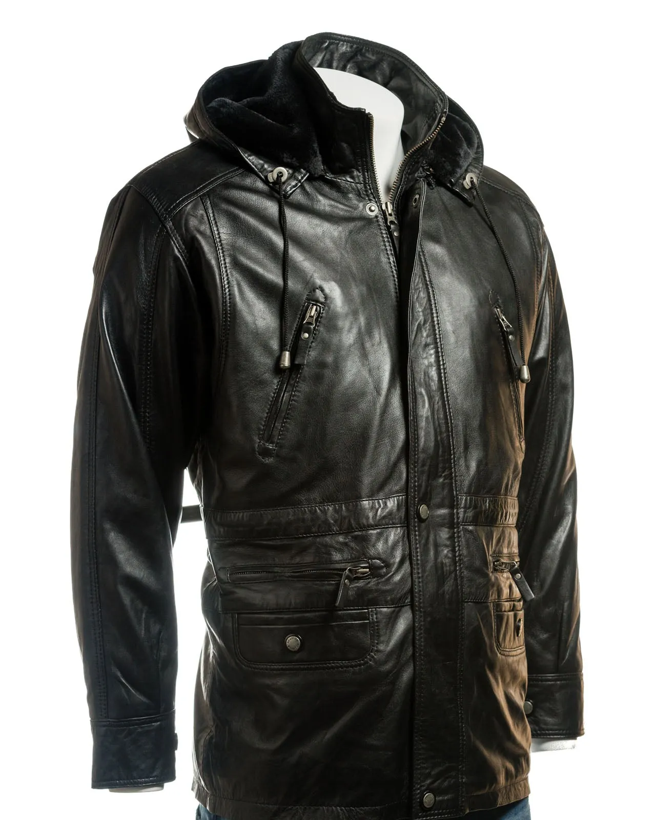 Men's Black Multi-Season Leather Coat with Detachable Hood: Christiano