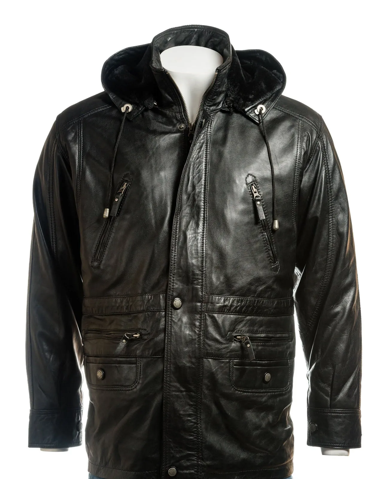 Men's Black Multi-Season Leather Coat with Detachable Hood: Christiano