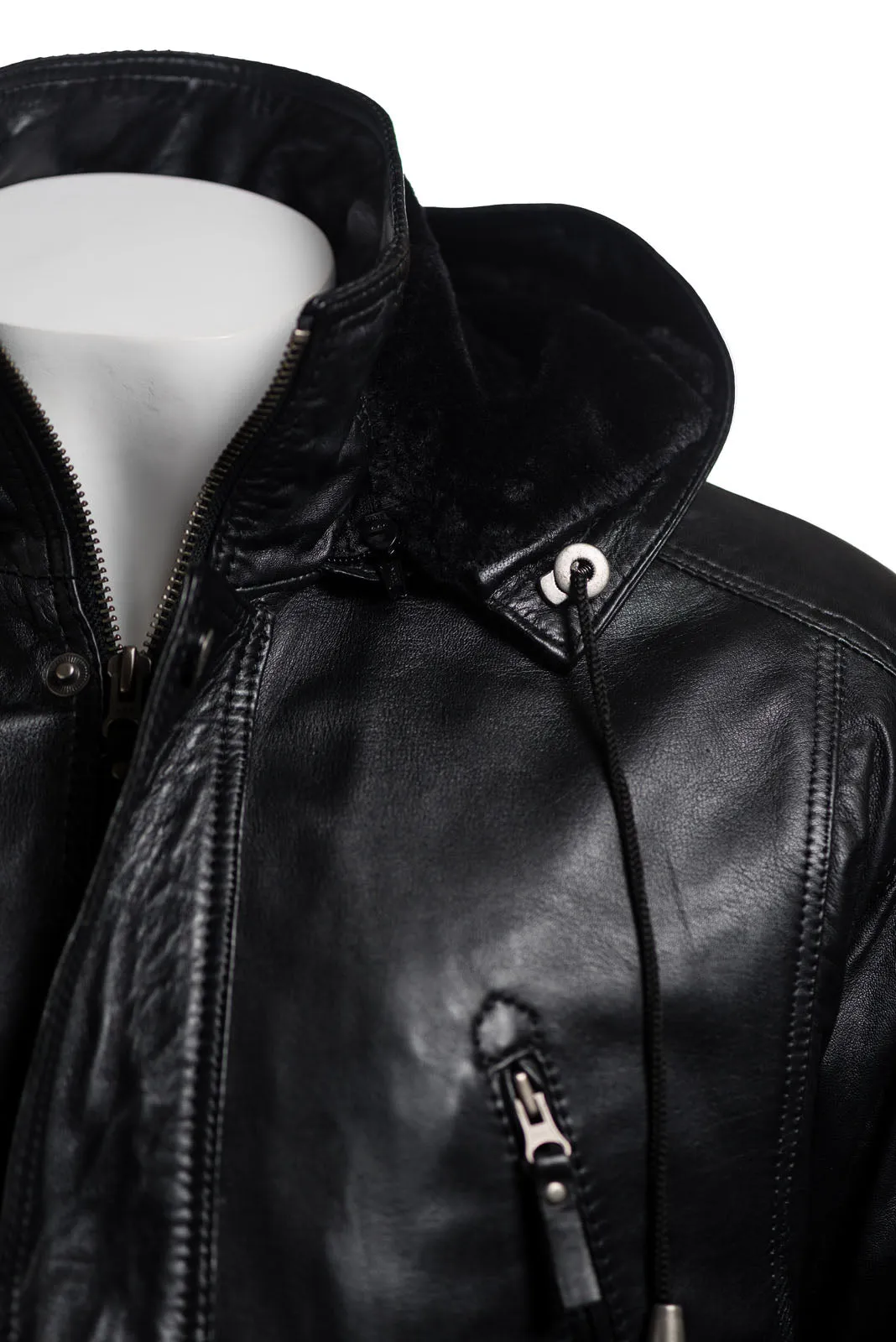 Men's Black Multi-Season Leather Coat with Detachable Hood: Christiano