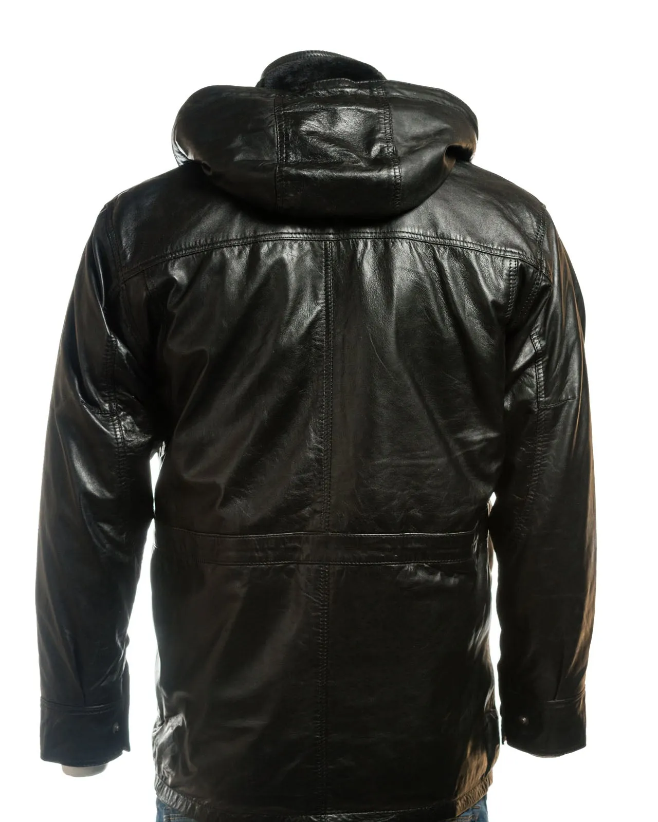 Men's Black Multi-Season Leather Coat with Detachable Hood: Christiano