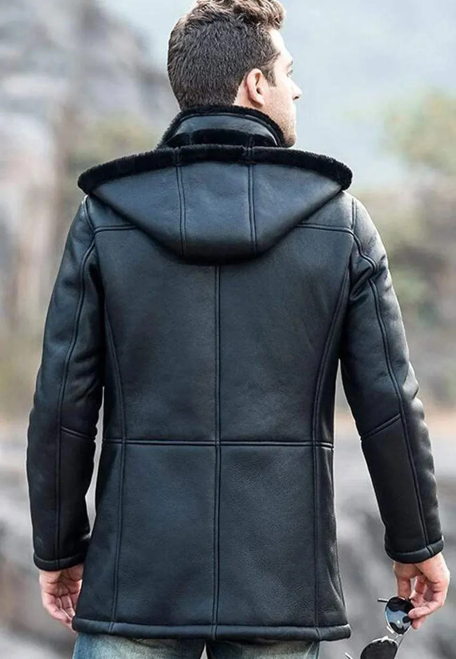 Men’s Black Shearling Hooded Long Coat