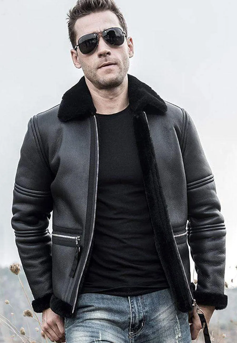 Men’s Black Shearling Hooded Long Coat