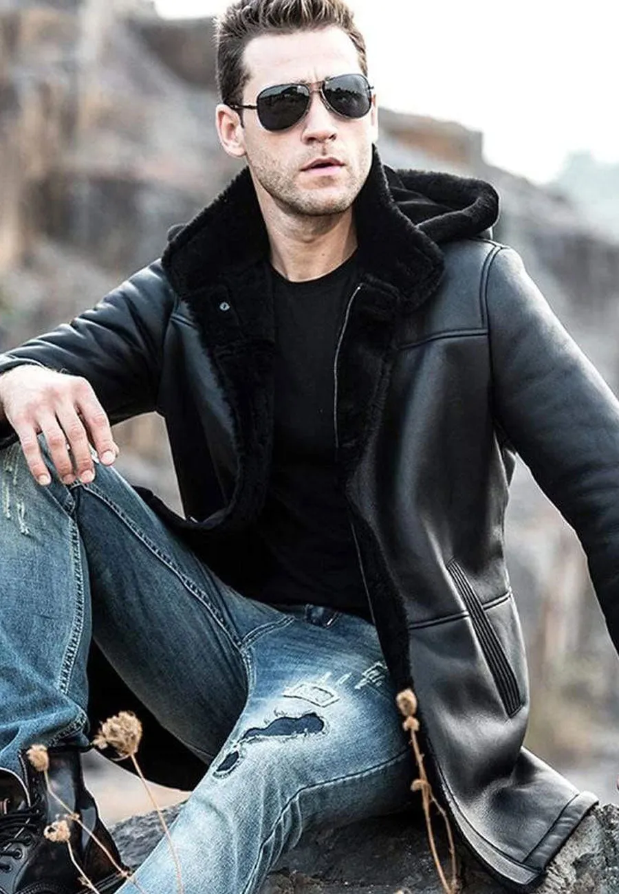 Men’s Black Shearling Hooded Long Coat