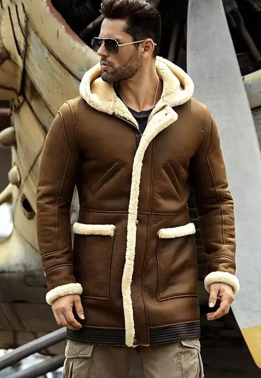 Men’s Camel Brown Leather Shearling Hooded Long Coat