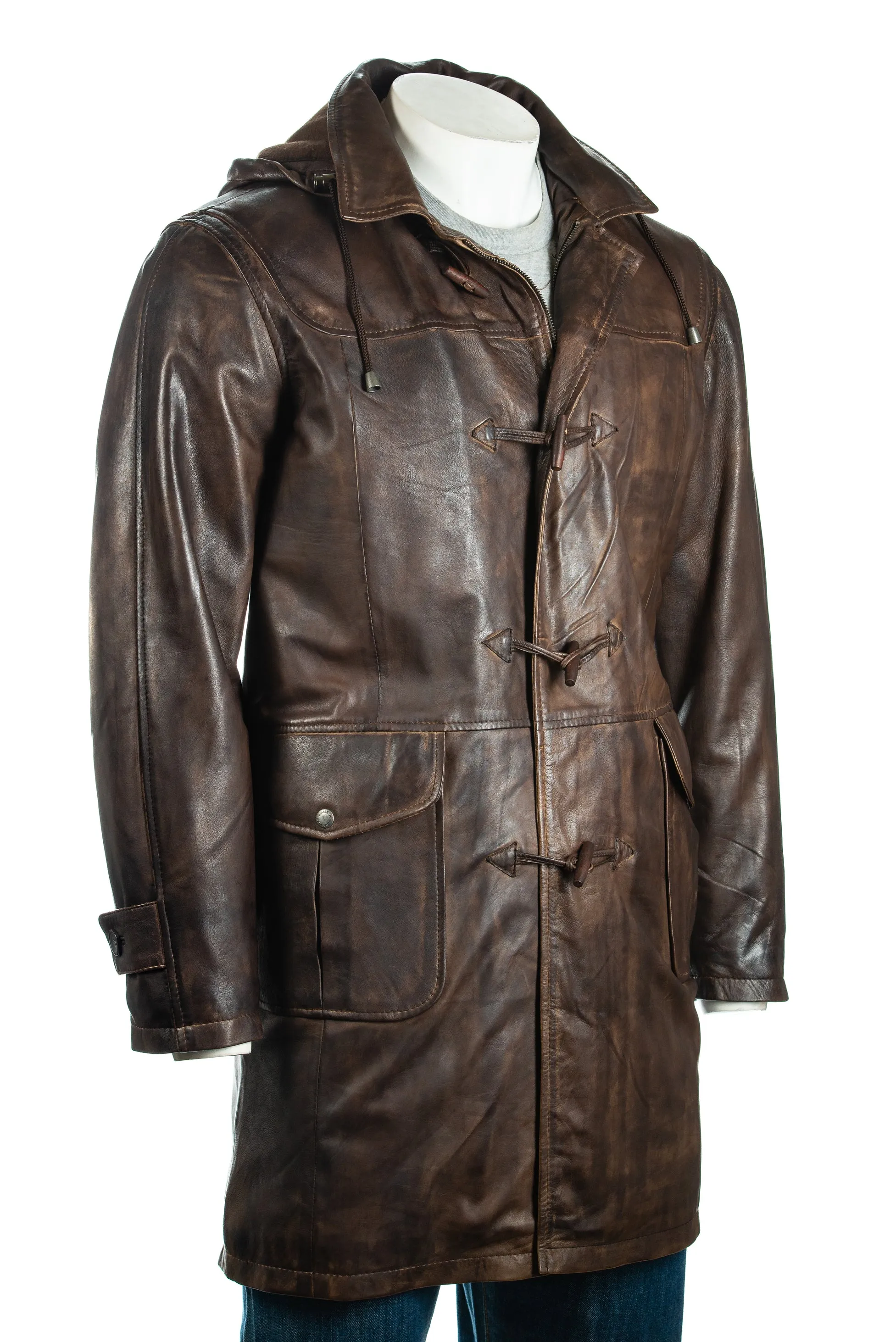 Men's Mottled 3/4 Traditional Duffle Style Leather Coat Jacket with Detachable Hood Fleece Lining: Alejandro