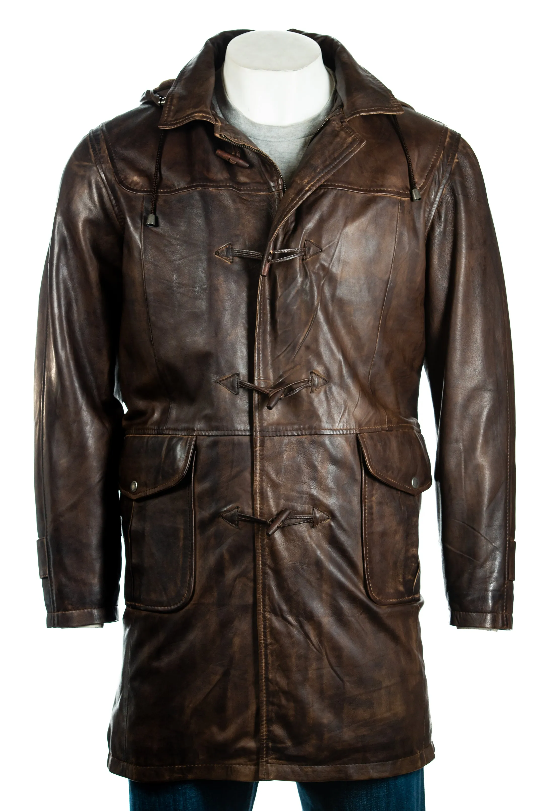 Men's Mottled 3/4 Traditional Duffle Style Leather Coat Jacket with Detachable Hood Fleece Lining: Alejandro