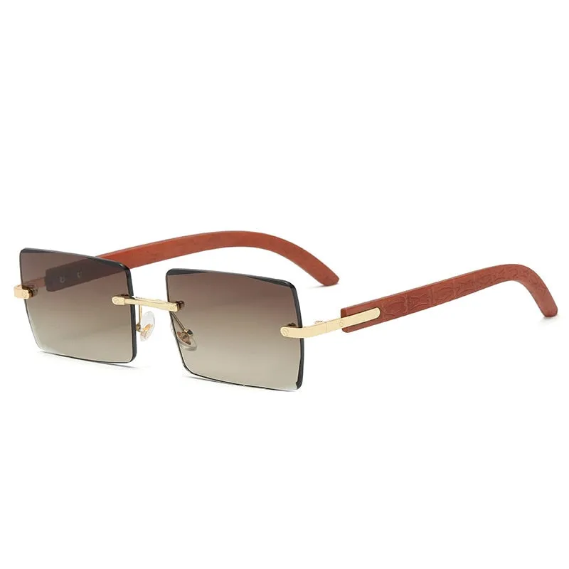 Men's UV400 Rectangle Rimless Wood Printing Gradient Sunglasses