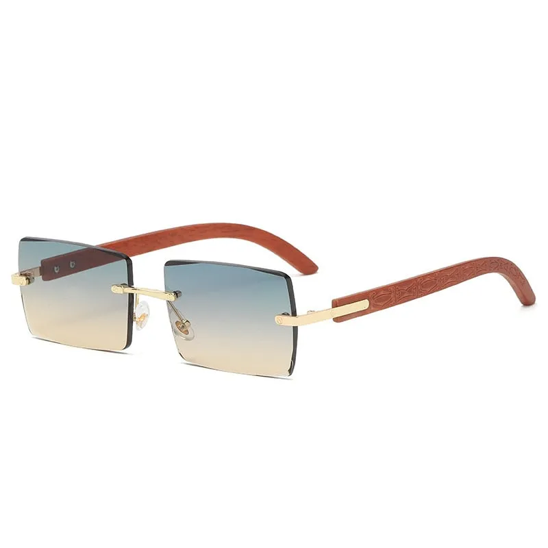 Men's UV400 Rectangle Rimless Wood Printing Gradient Sunglasses