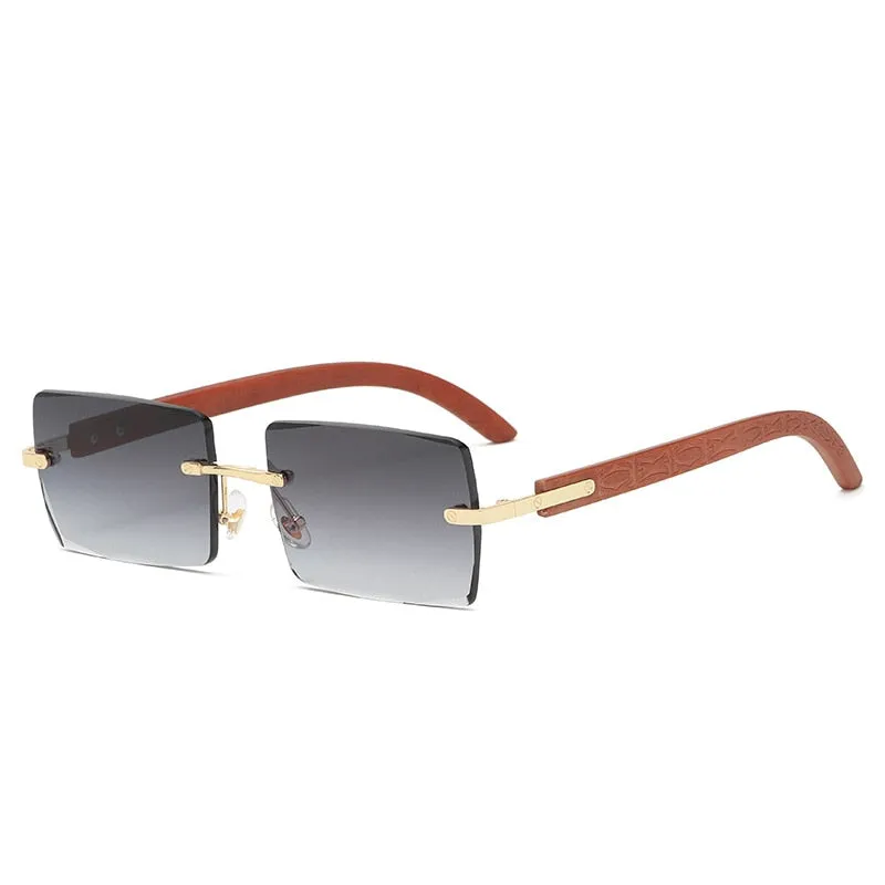 Men's UV400 Rectangle Rimless Wood Printing Gradient Sunglasses