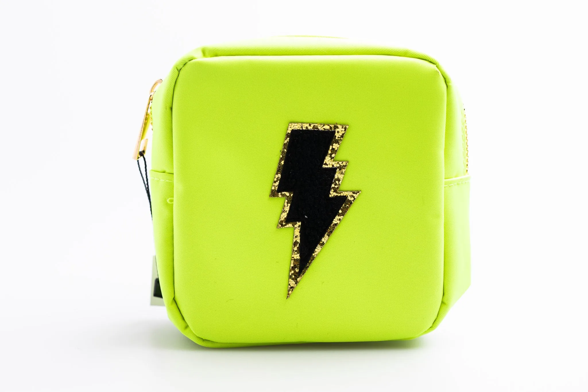 Neon Yellow Small Nylon Pouch with lightning bolt patch