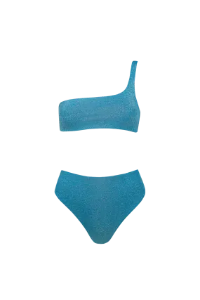 One-Shoulder Bikini with High Waisted Bottom in Blue Horizon - Bottom