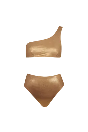 One-Shoulder Bikini with High-Waisted Bottom in Gold - Bottom