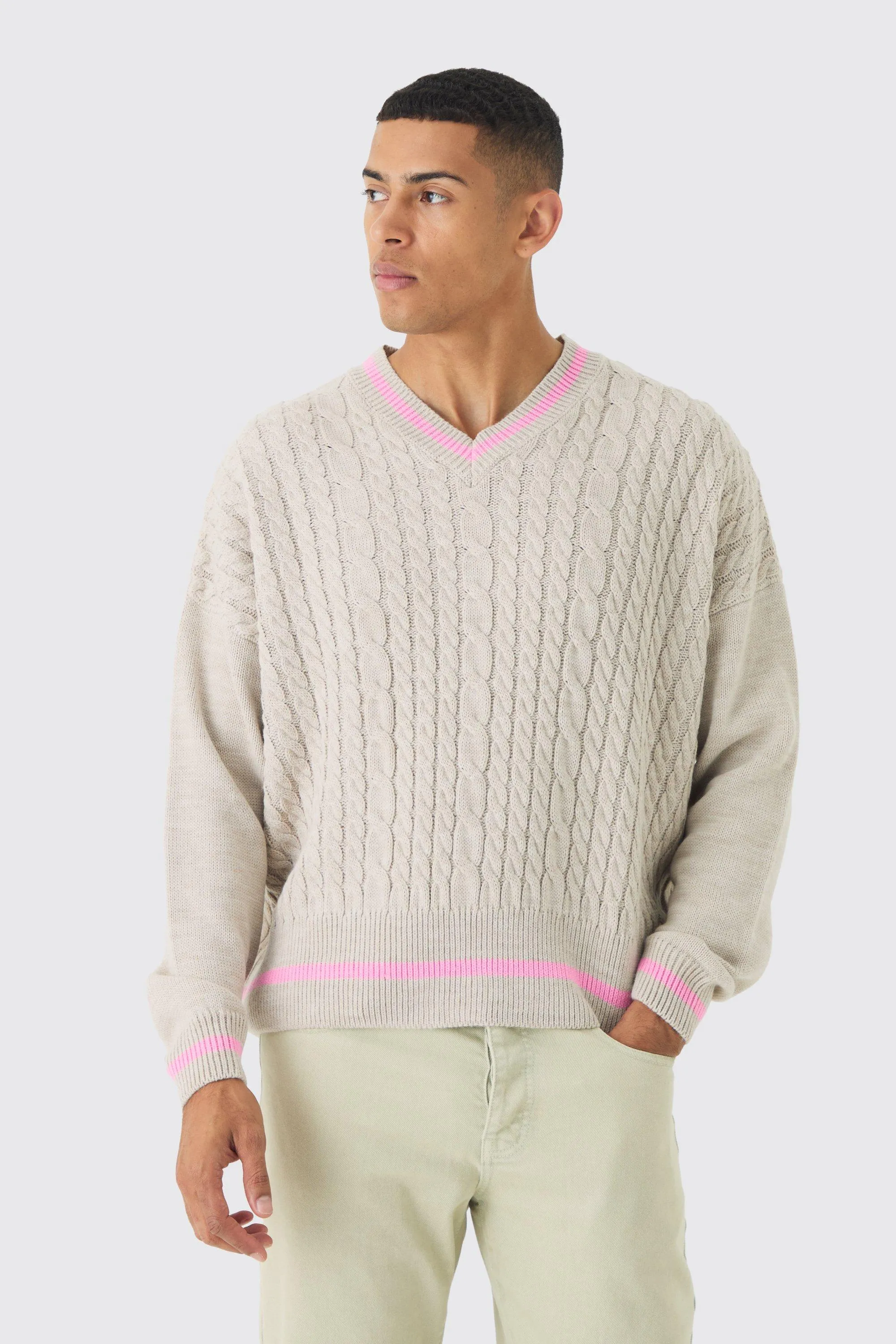 Oversized Boxy Cable Knit V Neck Sweater