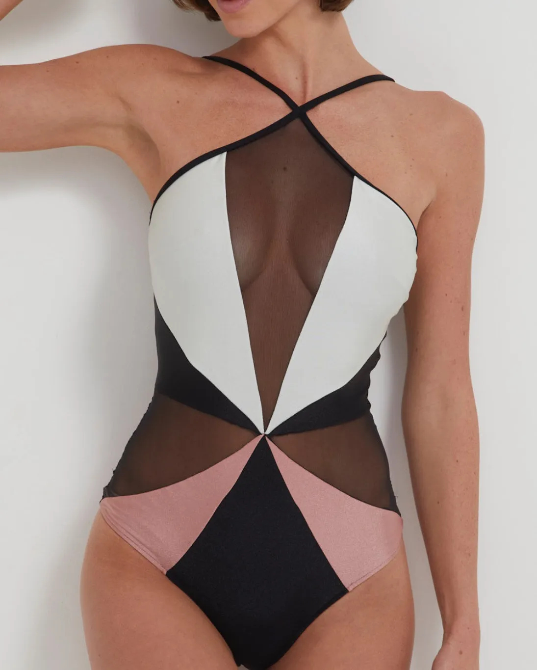 Patbo - Colorblock Halterneck Swimsuit - Black/White