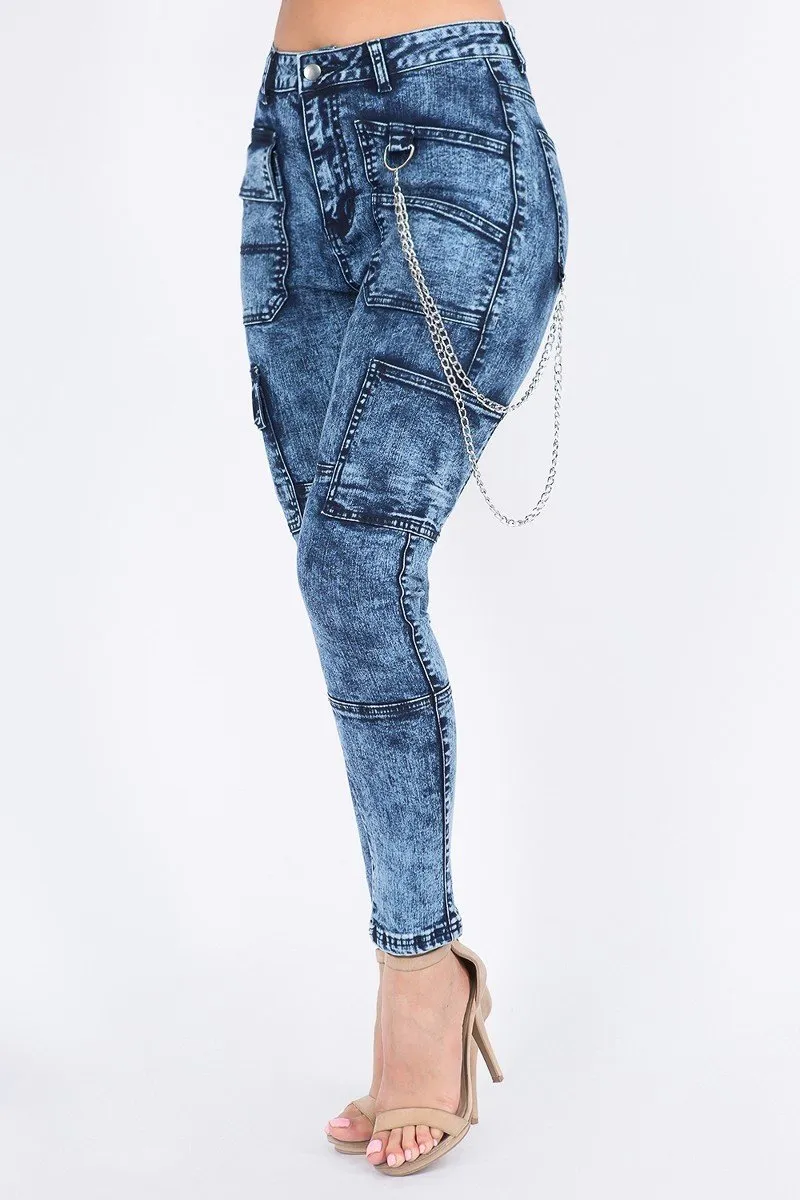 Plus Size High Waist Washed Skinny Jeans With Cargo Pockets