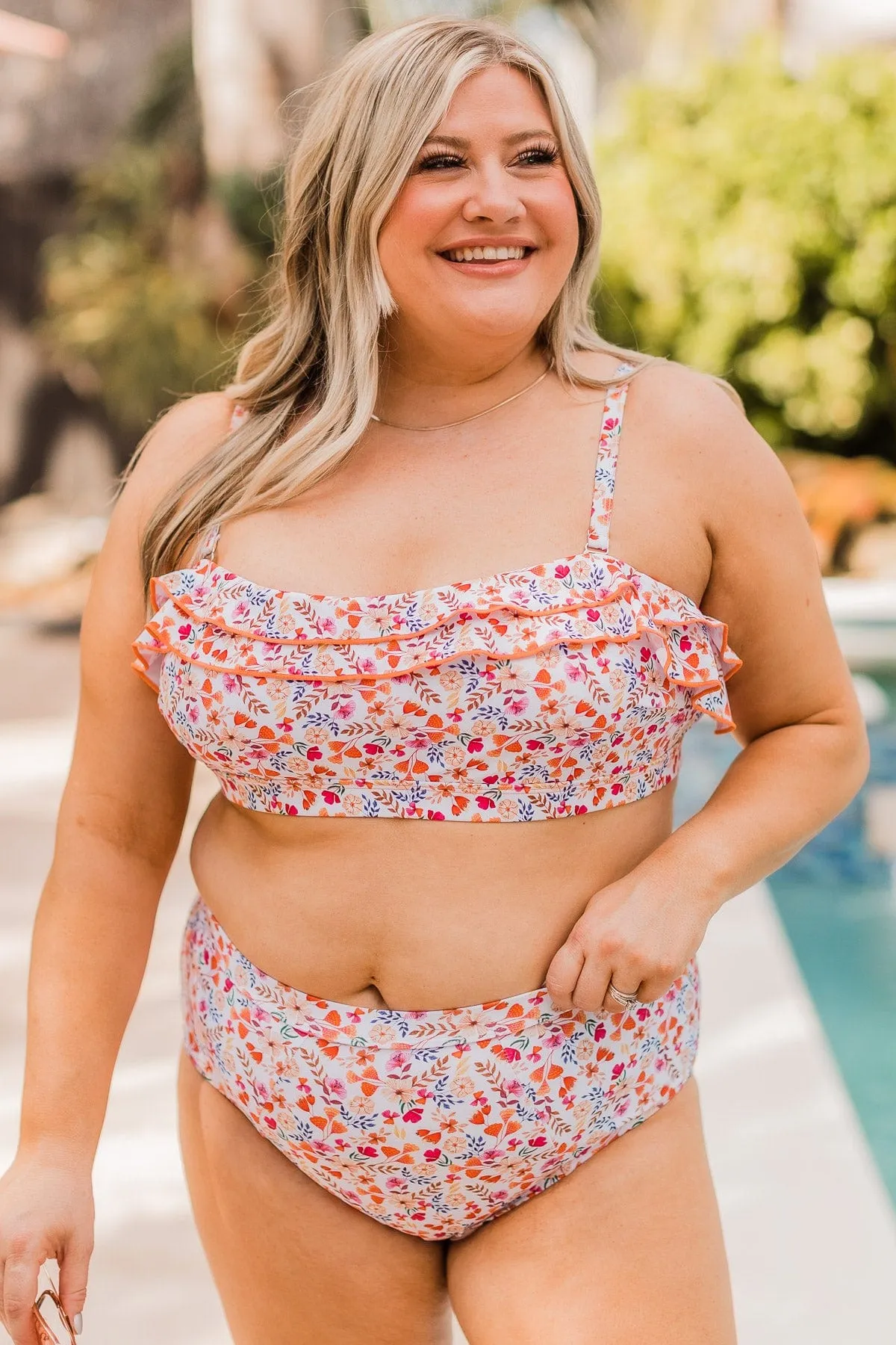 Soak Up The Sun Floral Ruffle Swim Top- Peach & Ivory