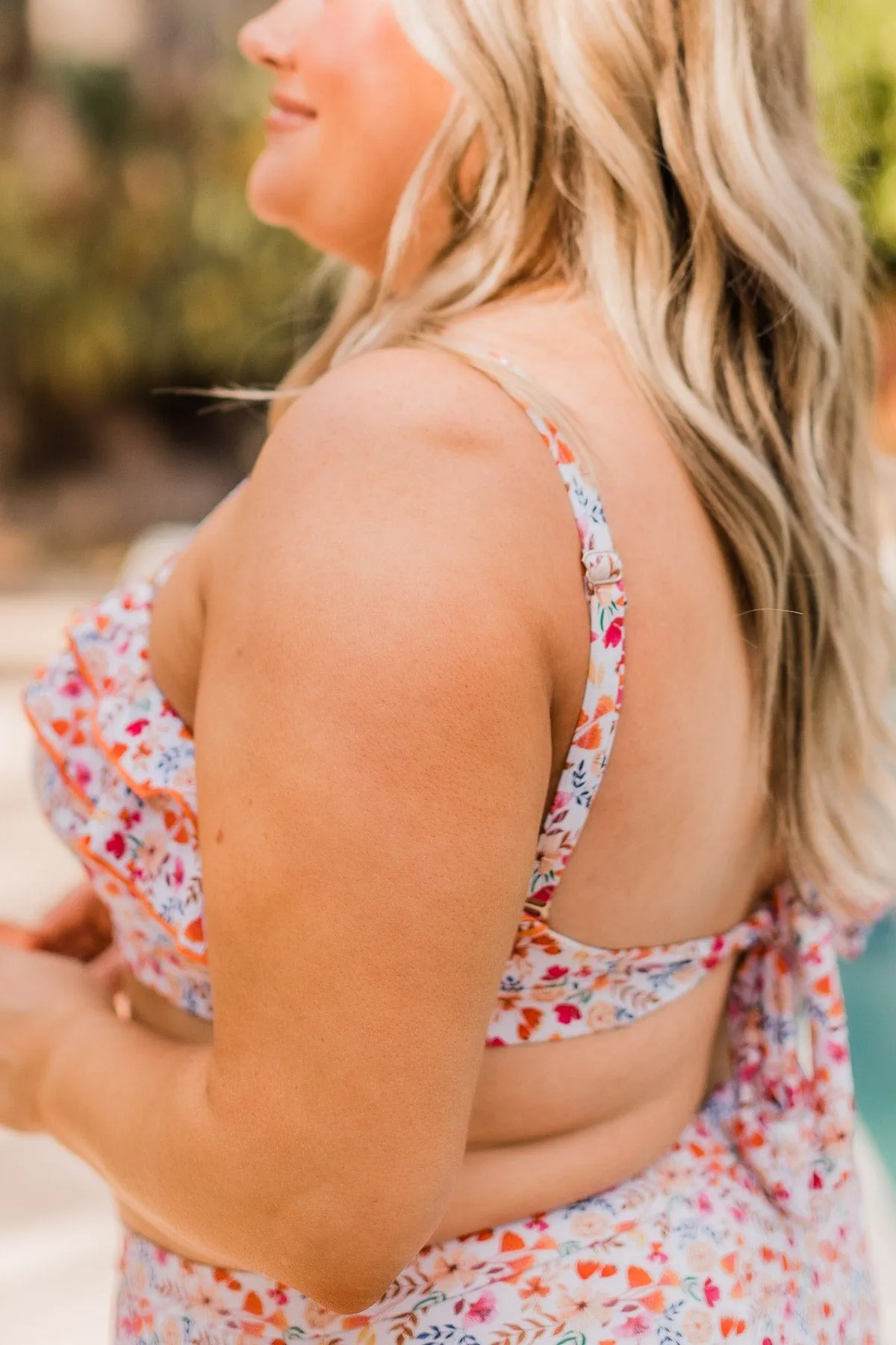 Soak Up The Sun Floral Ruffle Swim Top- Peach & Ivory