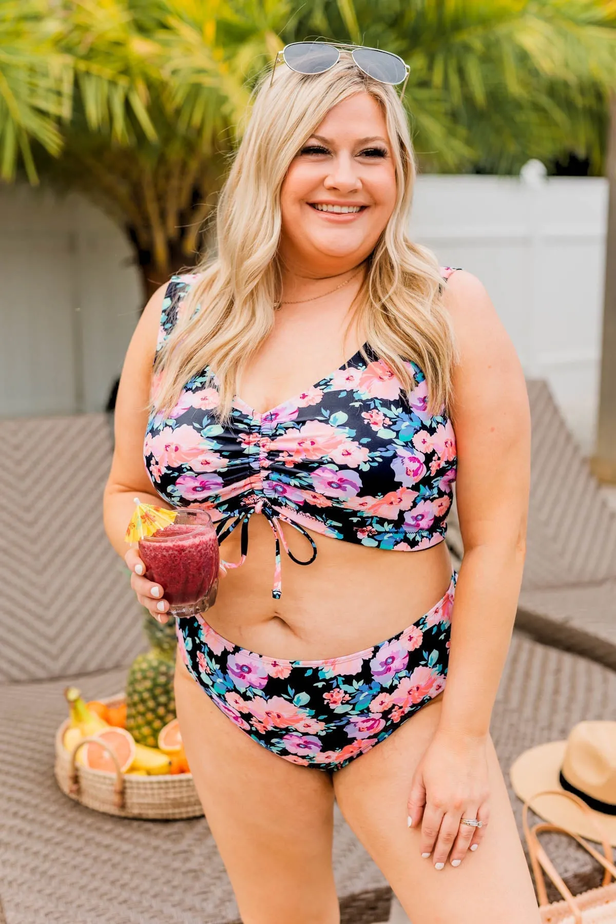 Surfing Through Life Cinched Swim Top- Black, Peach, & Purple