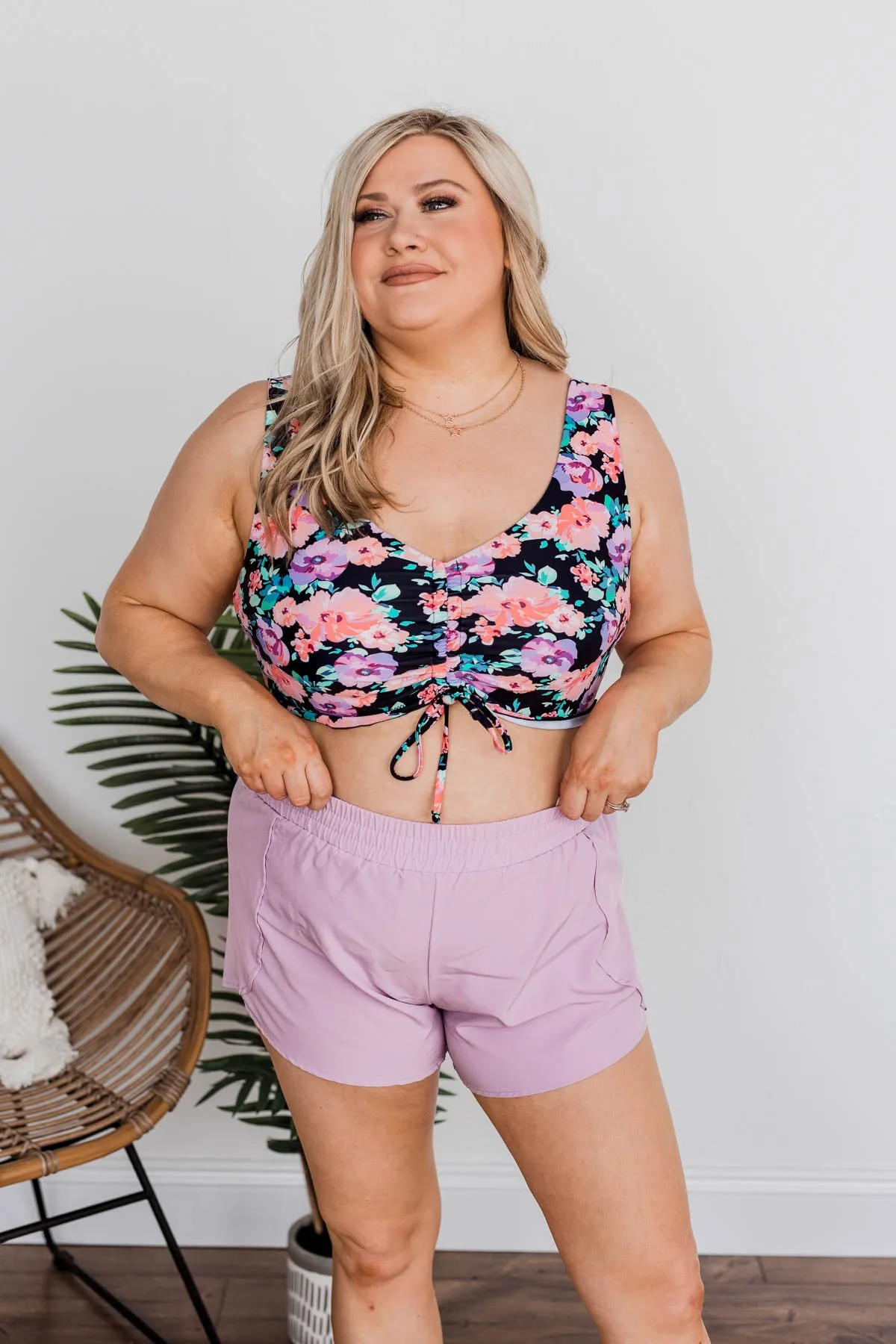 Surfing Through Life Cinched Swim Top- Black, Peach, & Purple