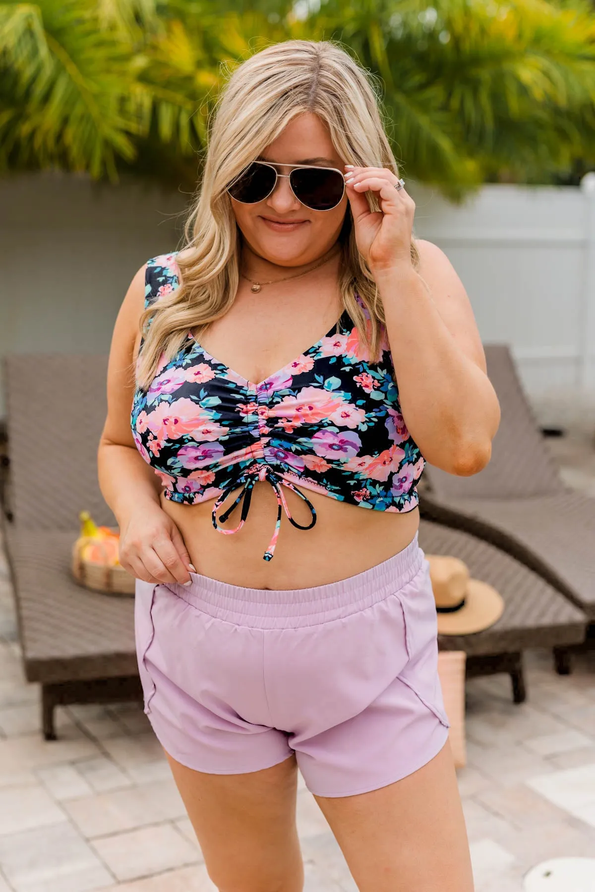 Surfing Through Life Cinched Swim Top- Black, Peach, & Purple