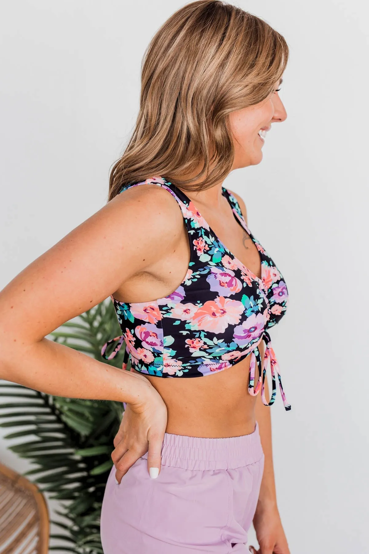 Surfing Through Life Cinched Swim Top- Black, Peach, & Purple