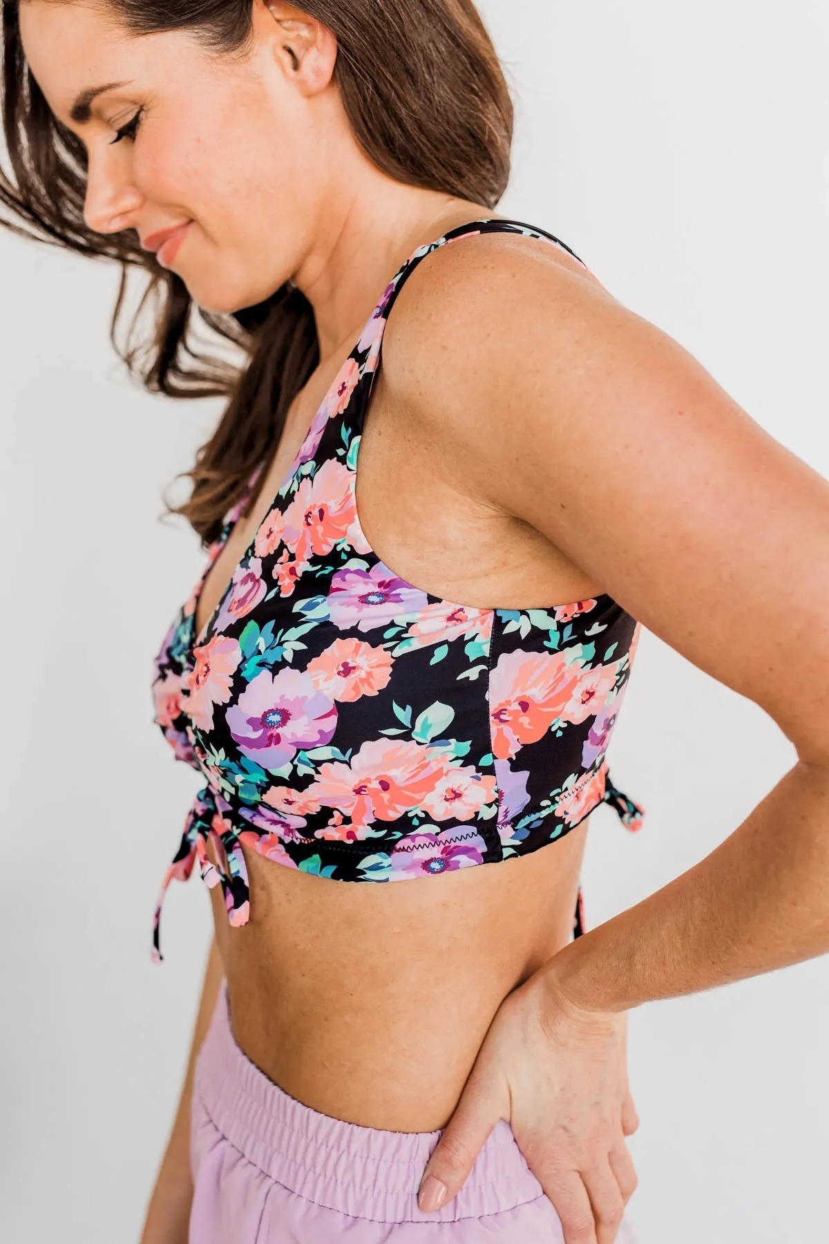 Surfing Through Life Cinched Swim Top- Black, Peach, & Purple