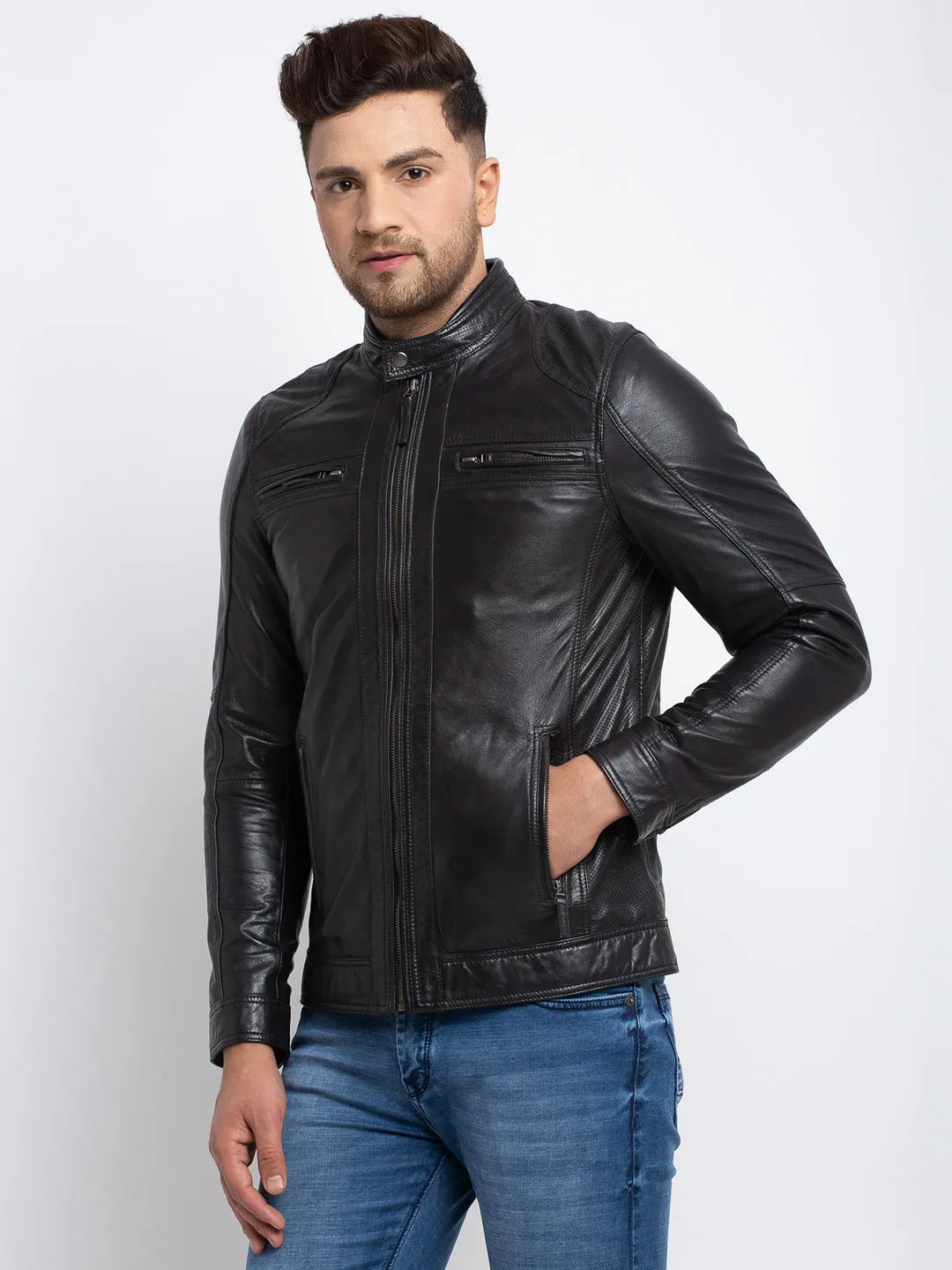 Teakwood Leathers  Men's 100% Genuine Black Leather Jacket
